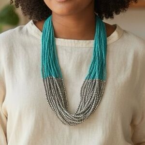 Turquoise and Silver Multi-Strand Beaded Necklace